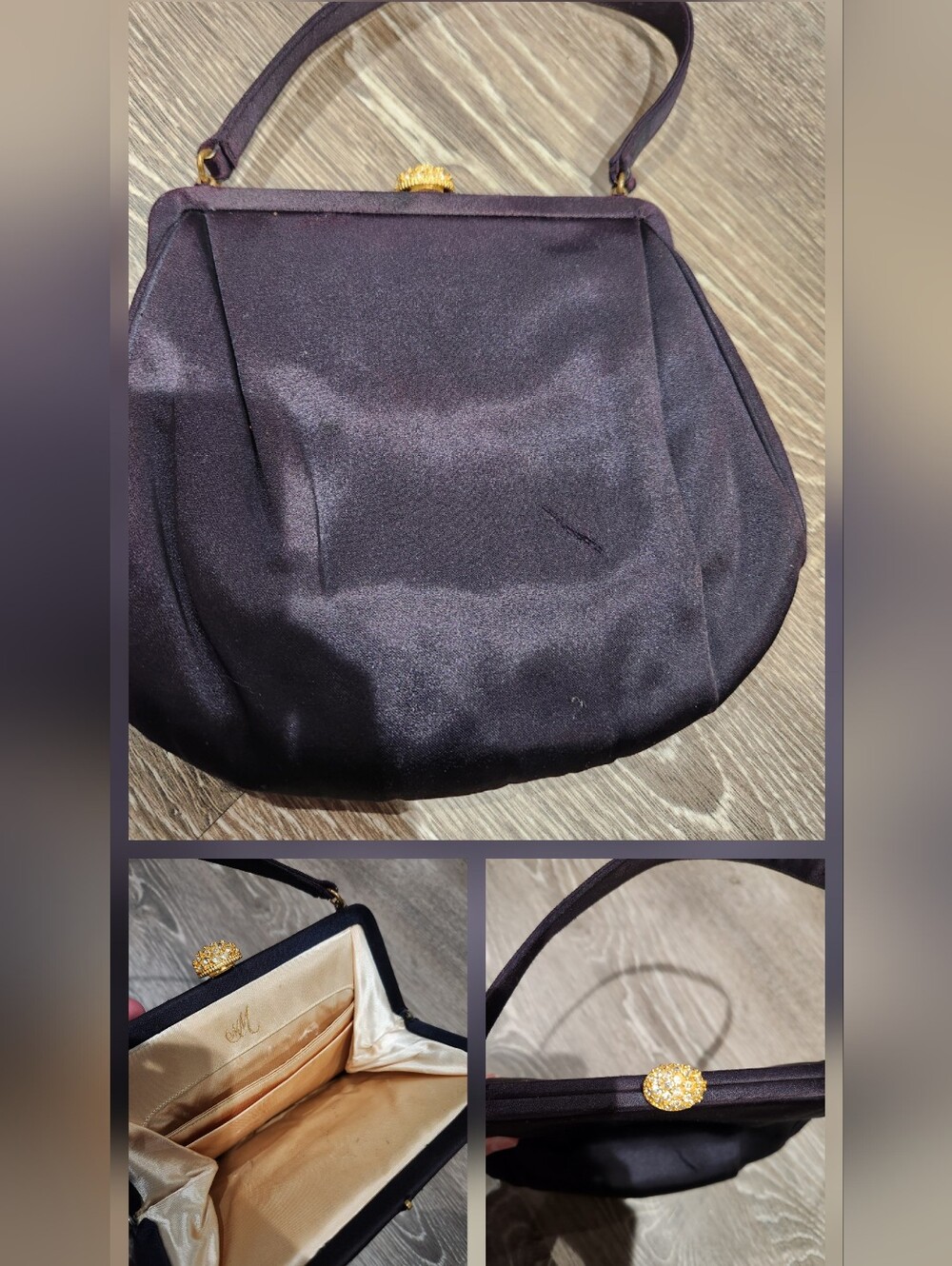 Elegant Purple Satin Frame Handbag with Gold Accent